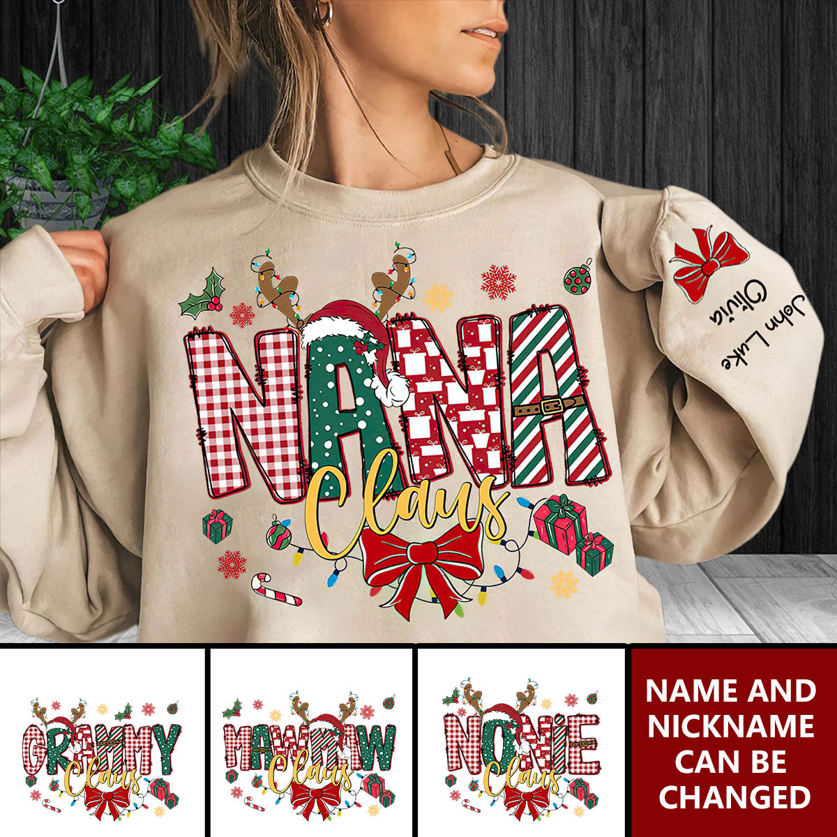 Personalized Christmas Nana Claus Sweatshirt, Custom Mama Claus Christmas Tree Cake Coquette Bow Candy Cane Santa Hot Cocoa Sweatshirt