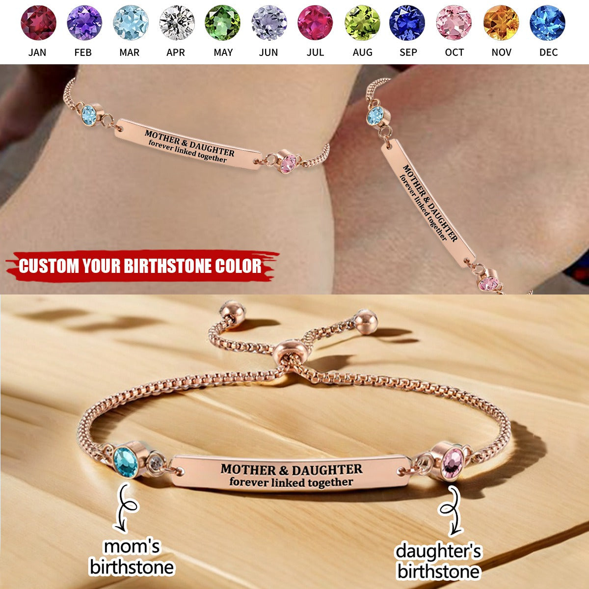 Personalized Mother & Daughter Forever Linked Together Custom Birthstones Bracelet