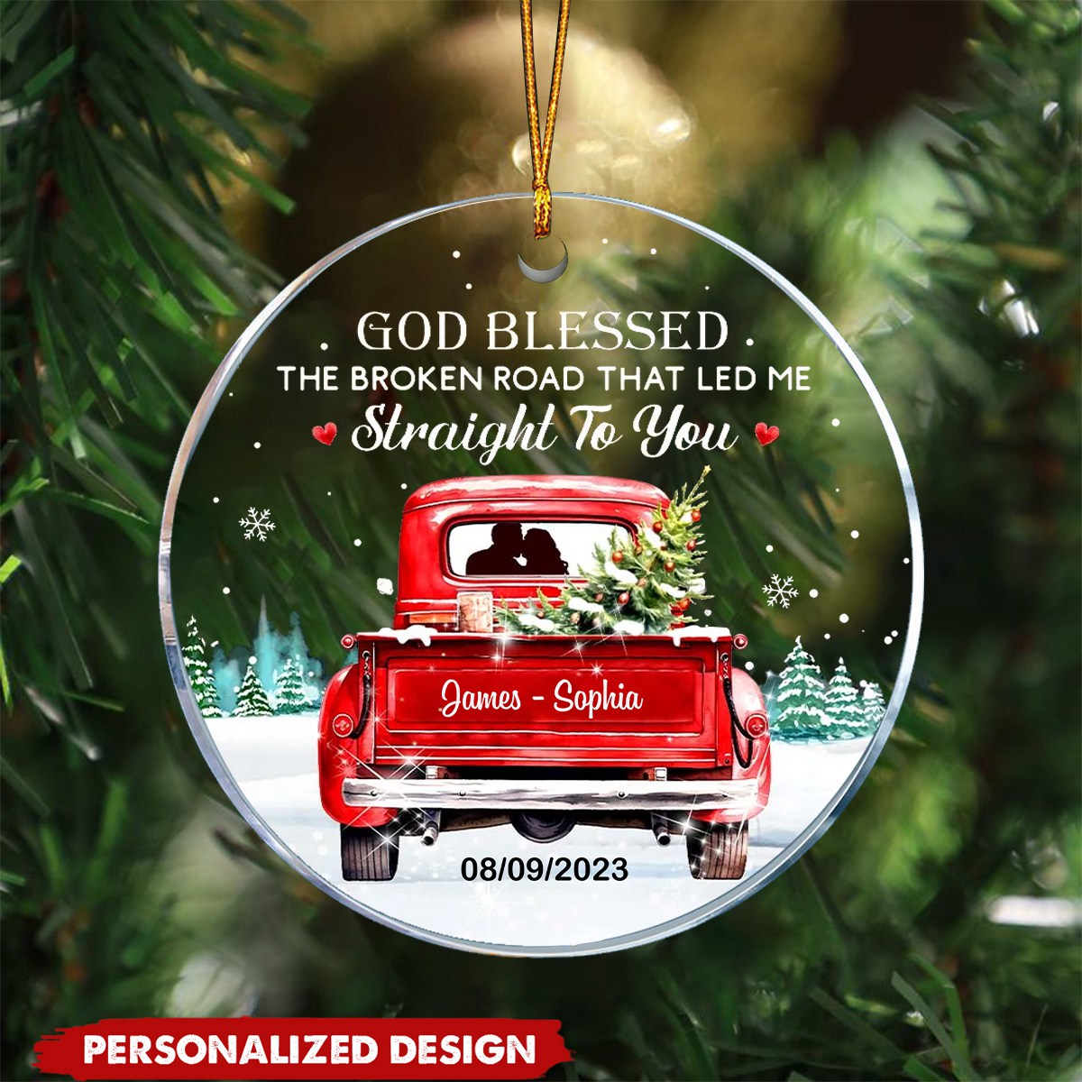 Personalized Love Couple Red Truck Christmas New Acrylic Circle Ornament