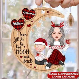 Checkered Pattern Heart Cute Grandma & Grandkid Sitting On Moon Personalized Wooden Ornament